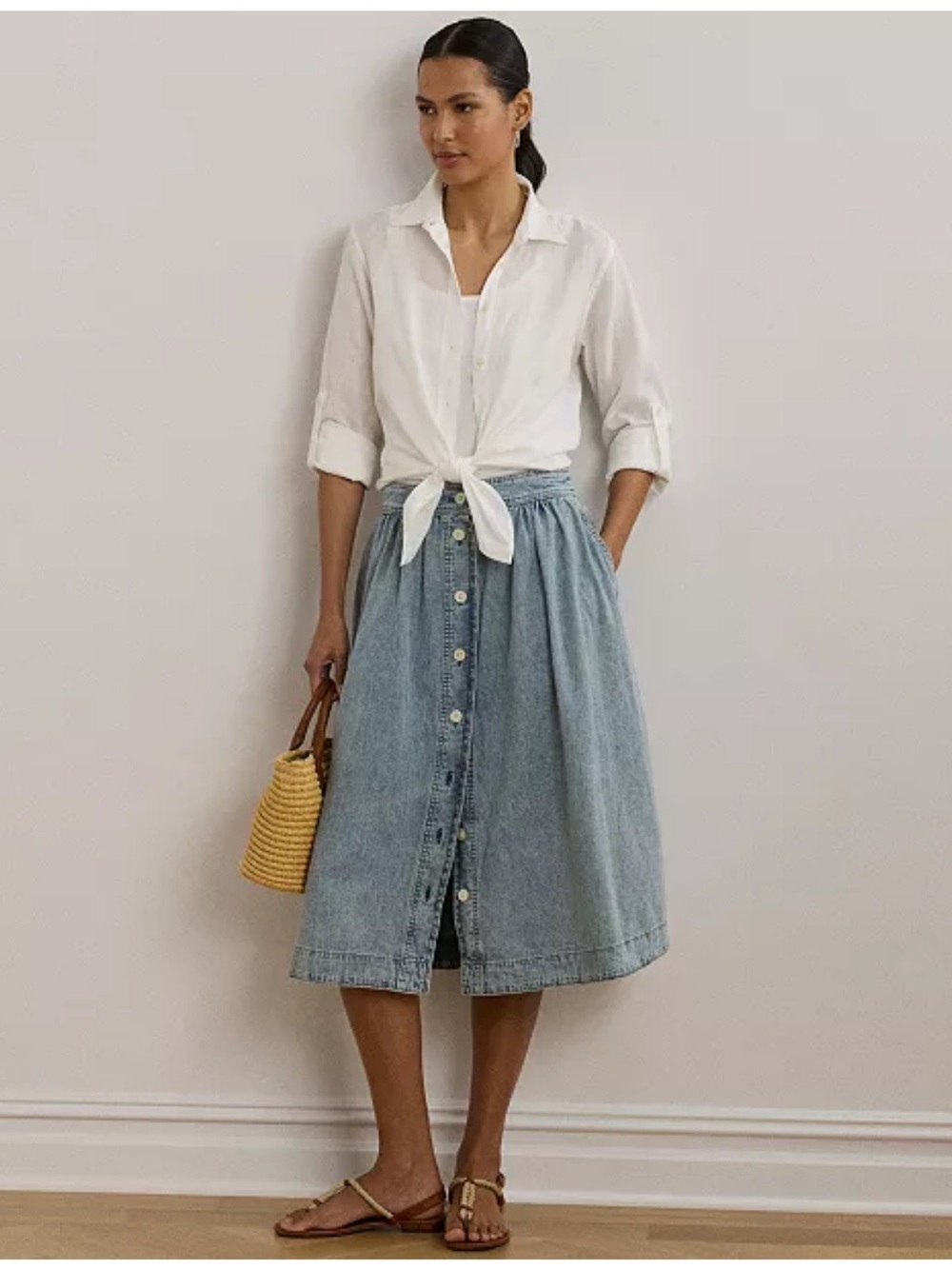NEW Ralph Lauren Button-front Gathered Light Blue Denim Midi Skirt size 10
